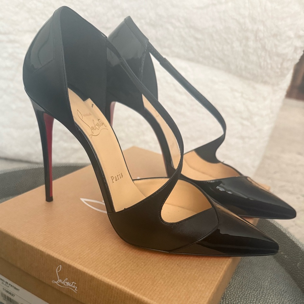 Christian Louboutin Jumping 100 Napa Leather & Patent Black Pumps/Heels SZ 39.5